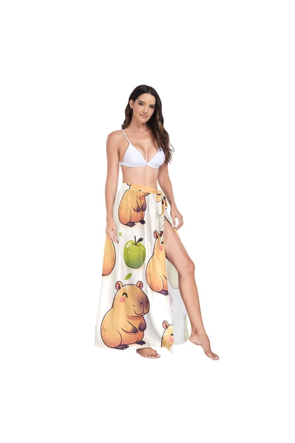 Women's Beach Swimsuit Cover Ups Bathing Suit Coverups Bikini Wrap Dress for Swimwear Capybara with Apple L