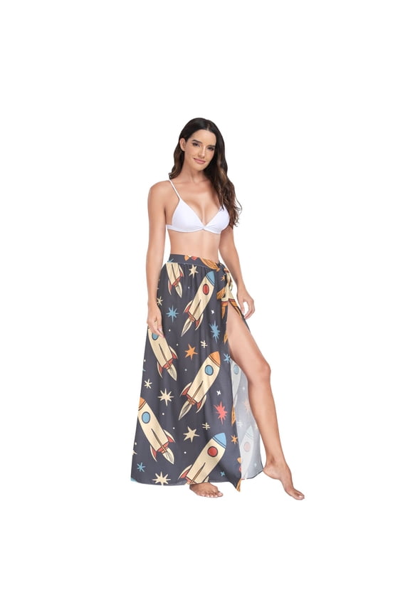 Women's Beach Swimsuit Cover Ups Bathing Suit Coverups Bikini Wrap Dress for Swimwear Cartoon Rocket in Space