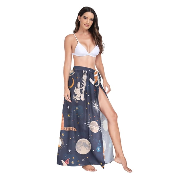 Women's Beach Swimsuit Cover Ups Bathing Suit Coverups Bikini Wrap Dress for Swimwear Cat Butterfly in Space M