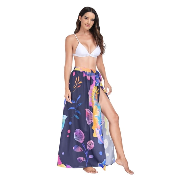 Women's Beach Swimsuit Cover Ups Bathing Suit Coverups Bikini Wrap Dress for Swimwear Colorful Seahorse and Leaf