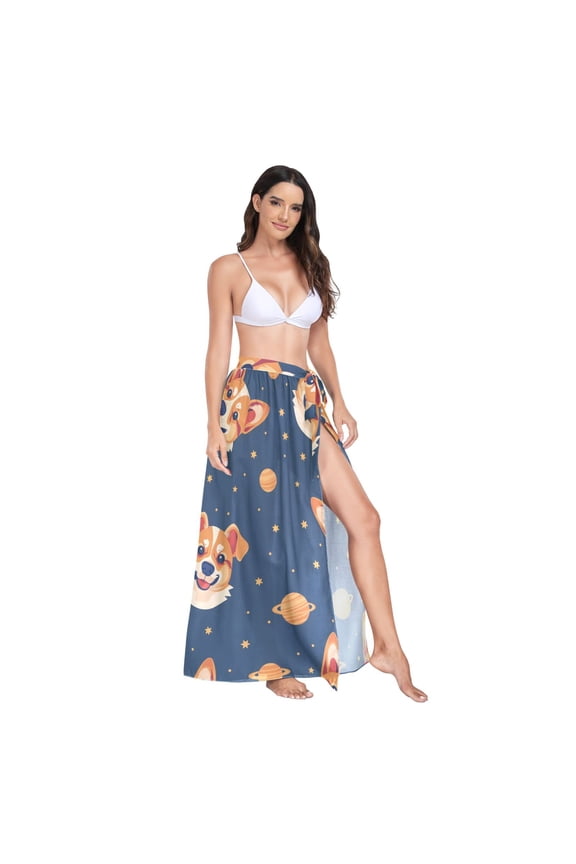 Women's Beach Swimsuit Cover Ups Bathing Suit Coverups Bikini Wrap Dress for Swimwear Corgi Dog and Planet M