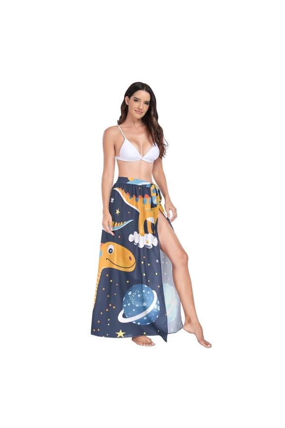 Women's Beach Swimsuit Cover Ups Bathing Suit Coverups Bikini Wrap Dress for Swimwear Cute Dinosaurs in Space