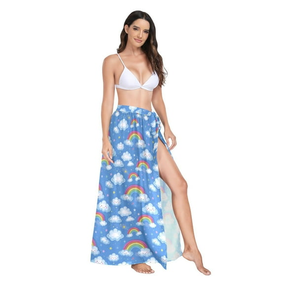 Women's Beach Swimsuit Cover Ups Bathing Suit Coverups Bikini Wrap Dress for Swimwear Cute Rainbow and Cloud L