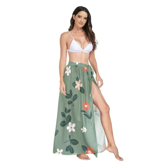 Women's Beach Swimsuit Cover Ups Bathing Suit Coverups Bikini Wrap Dress for Swimwear Flowers with Leaves M