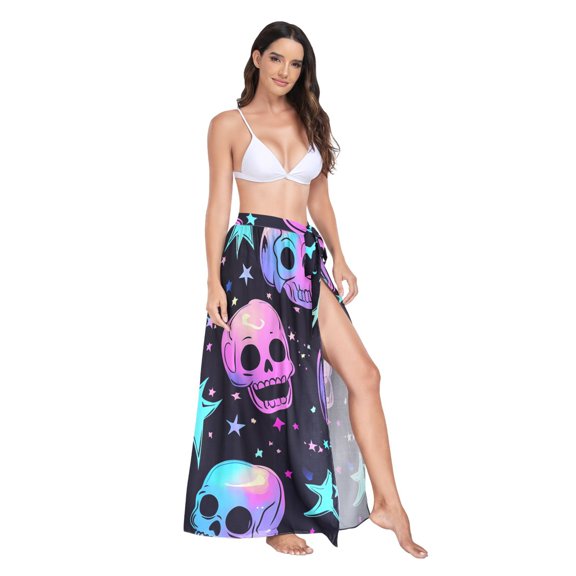 Women's Beach Swimsuit Cover Ups Bathing Suit Coverups Bikini Wrap Dress for Swimwear Neon Skulls and Stars M