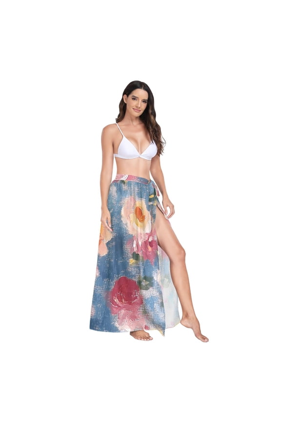 Women's Beach Swimsuit Cover Ups Bathing Suit Coverups Bikini Wrap Dress for Swimwear Vintage Oil Painted Rose L
