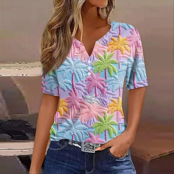 Women's Beach Tees Women's Hawaiian Print Shirts Loose Casual Tops Tees V Neck Button Short Sleeve Shirts