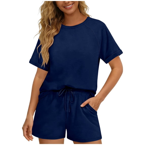 Women's Beach Travel Shorts Set Short Sleeve T-Shirt with Drawstring Waist Pocket Shorts Soft Breathable Suit for Sleepwear Summer Casual Wear Outfits Blue XXL