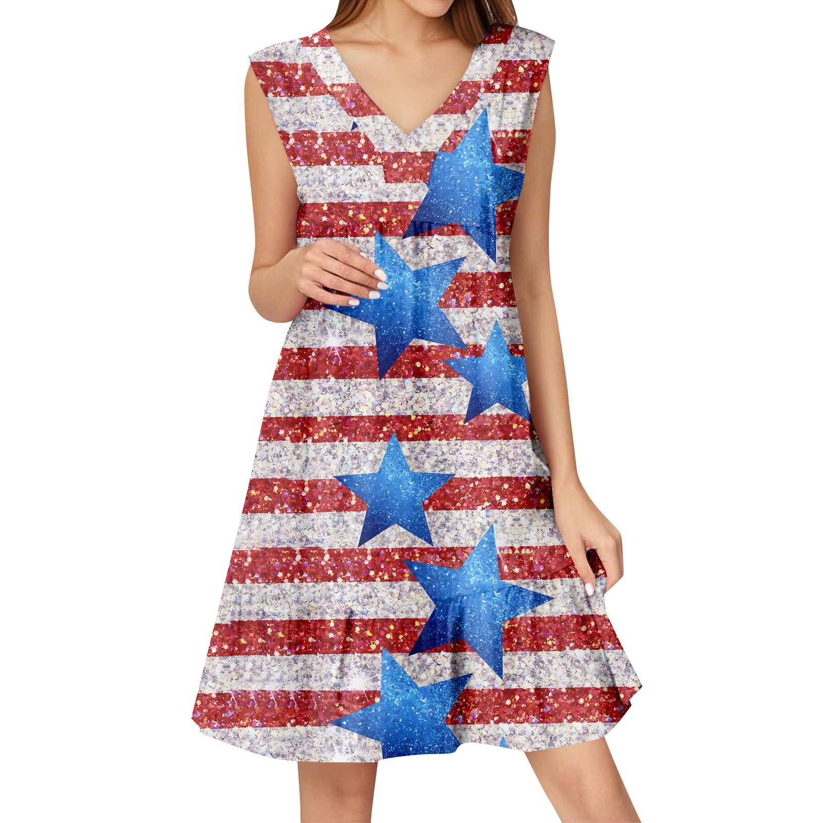 Women's Beach Vacation Dress Sleeveless Tunic Dress in White with Blue Flowers - Rayon