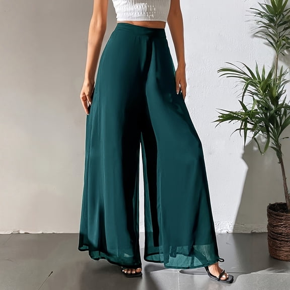 Women's Beach Vacation Pants Summer Chiffon Wide Leg Pants Casual Dress Palazzo Pants Green M