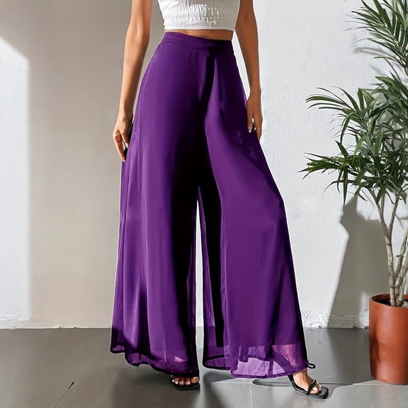 Women's Beach Vacation Pants Summer Chiffon Wide Leg Pants Casual Dress Palazzo Pants Purple XL