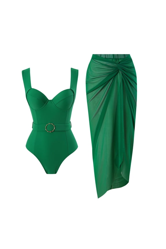 Women's Beachwear Bathing Suit Solid Color One Piece Swimsuit Set Retro Belly Covering Slimming Swimsuit