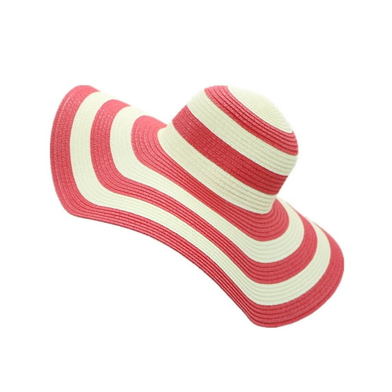 Women's Beachwear Sun Hat Stripe Striped Straw Hat Floppy Beach Hat Foldable Wide Brim Cap for Summer