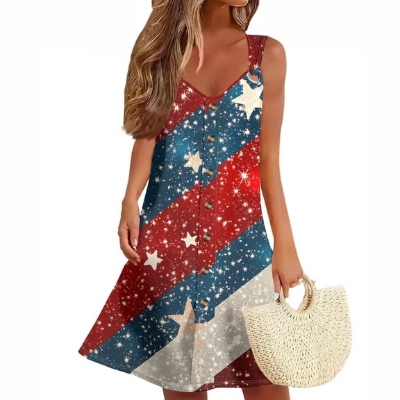 Women's Beachwear Sundress, Sleeveless Summer Casual Dress with Allover Patriotic Print, Stylish Outfit for Poolside Relaxation,Red M
