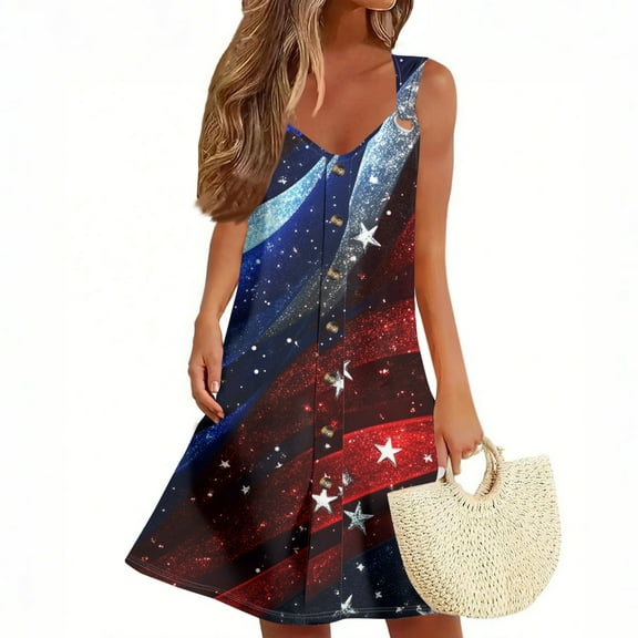 Women's Beachwear Sundress, Sleeveless Summer Casual Dress with Allover Patriotic Print, Stylish Outfit for Poolside Relaxation,Wine L