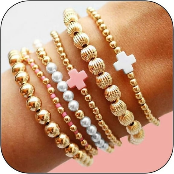 Women's Beaded Bow Bracelet Set Fade-Resistant Thick Elastic Cross Pearl Bracelet Christmas Jewelry Gif