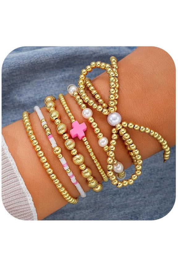 Women's Beaded Bow Bracelet Set Fade-Resistant Thick Elastic Cross Pearl Bracelet Christmas Jewelry Gif