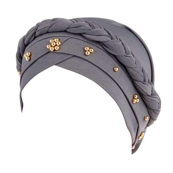 Women's Beaded Braid Turban Headwrap, Headscarf with Rhinestone Accents for Modest Fashion, Casual Daily Wear, and Quick Hairstyle Solution, Soft and Stretchy Fabric Grey