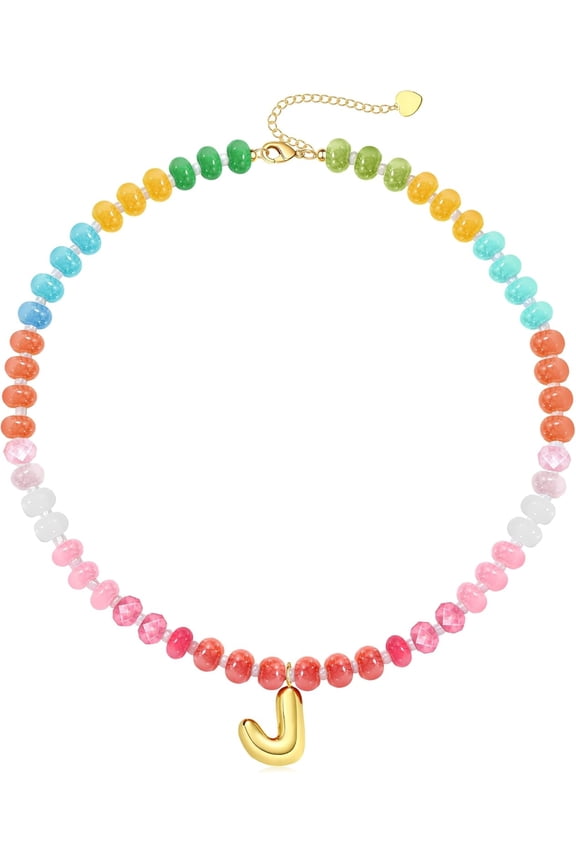 Women's Beaded Bubble Necklace Colorful Gemstone Choker Gold Letter A-Z Pendant Christmas Birthday Jewelry