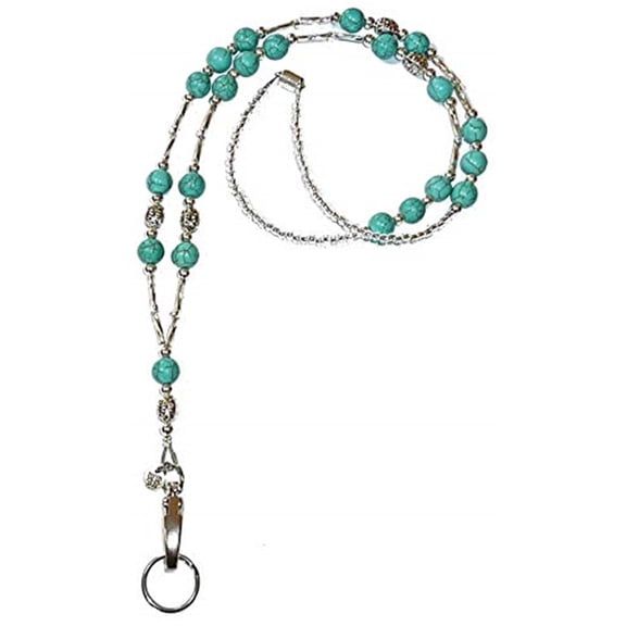 Women's Beaded Fashion Necklace Lanyard,Vintage Turquoise Look,Strong Badge ID Holder for Keys and Name Tag. 34 inches Long (Turquoise & Silver Breakaway - Safer)