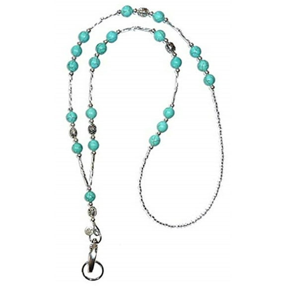 Women's Beaded Fashion Necklace Lanyard, Vintage Turquoise Look,Strong Badge ID Holder for Keys and Name Tag. 34 inches Long (Turquoise & Silver Non Breakaway - Stronger)