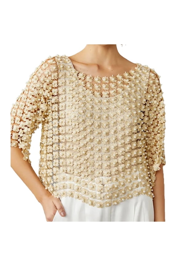 Women's Beaded Floral Cutout Long Sleeve Top Coverup Sheer Rhinestone Sparkly Mesh Fur Trim Crop Tops Pullover
