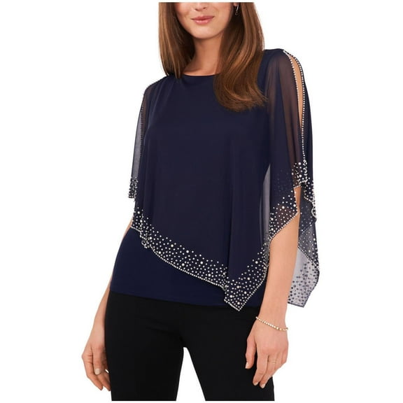 MSK Womens Beaded Overlay Cap Pullover Blouse, Blue, Large