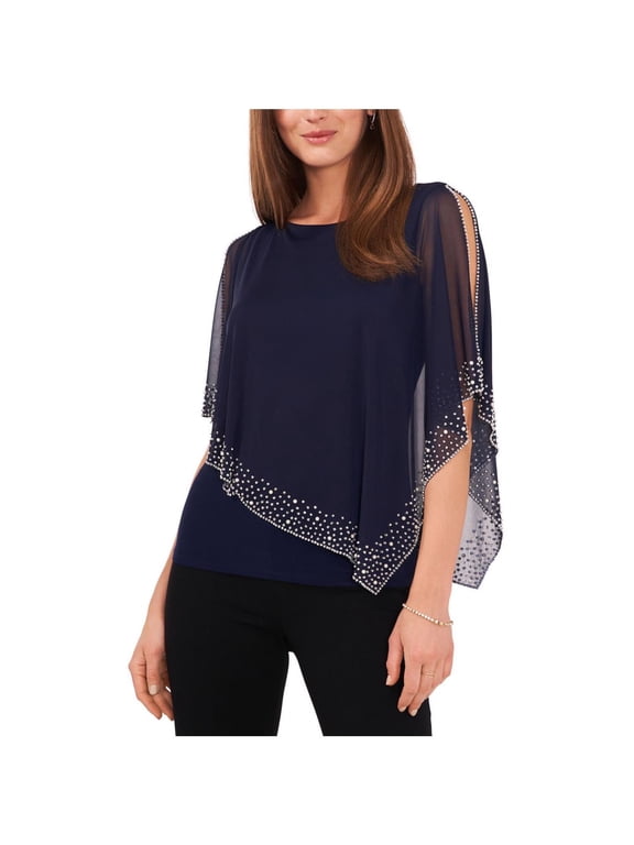 Womens Beaded Overlay Cap Pullover Blouse, Blue, Large