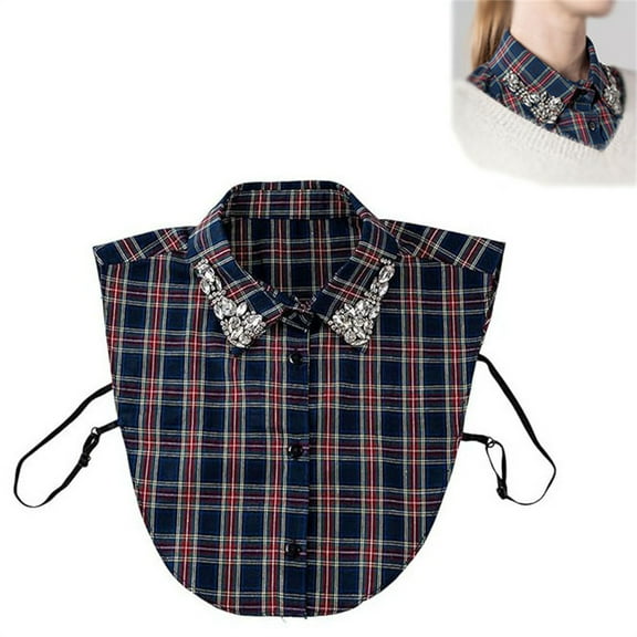 Women's Beaded Plaid Detachable Collar, Adjustable Strap False Collar, Luxury Blouse Accessory, Elegant Detachable Shirt Collar, Vintage Style Collar with Pearl Accents - Blue