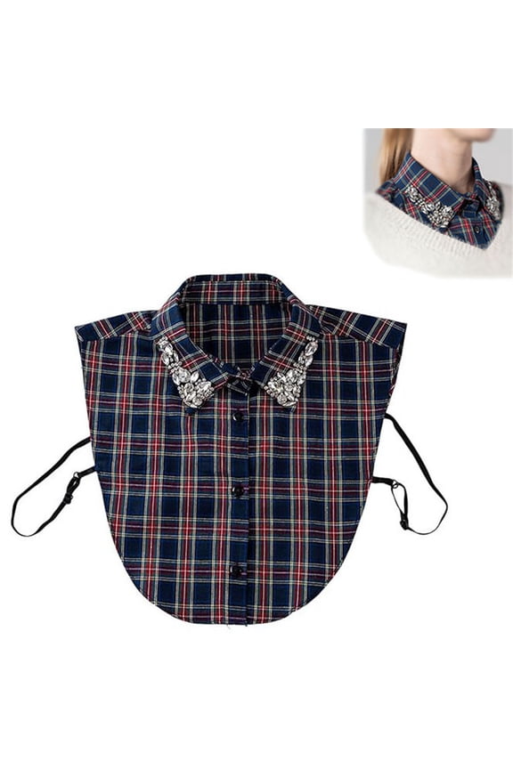 Women's Beaded Plaid Detachable Collar, Adjustable Strap False Collar, Luxury Blouse Accessory, Elegant Detachable Shirt Collar, Vintage Style Collar with Pearl Accents - Blue