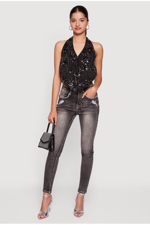 Women's Beaded Sequin Floral Patterned Backless Halter Top