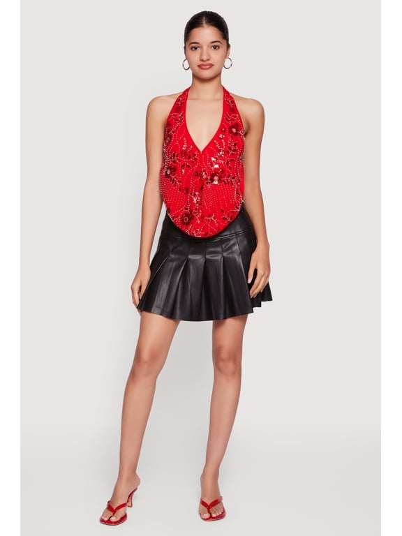 Women's Beaded Sequin Floral Patterned Backless Halter Top