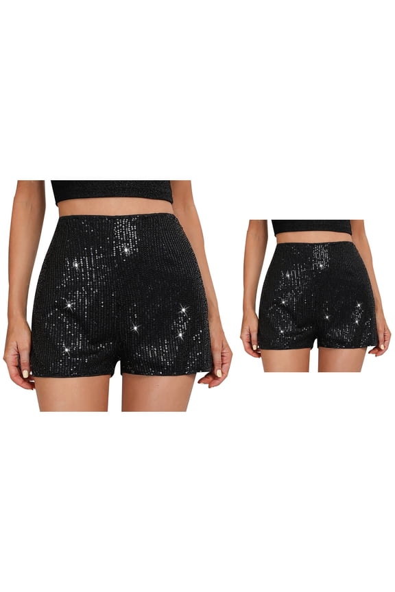 Women's Beaded & Sequin Sparkle Slim Fit High Waist A-Line Party Shorts – Mid Rise Straight Leg Sexy Solid Color Hot Pants with Elastic Waist