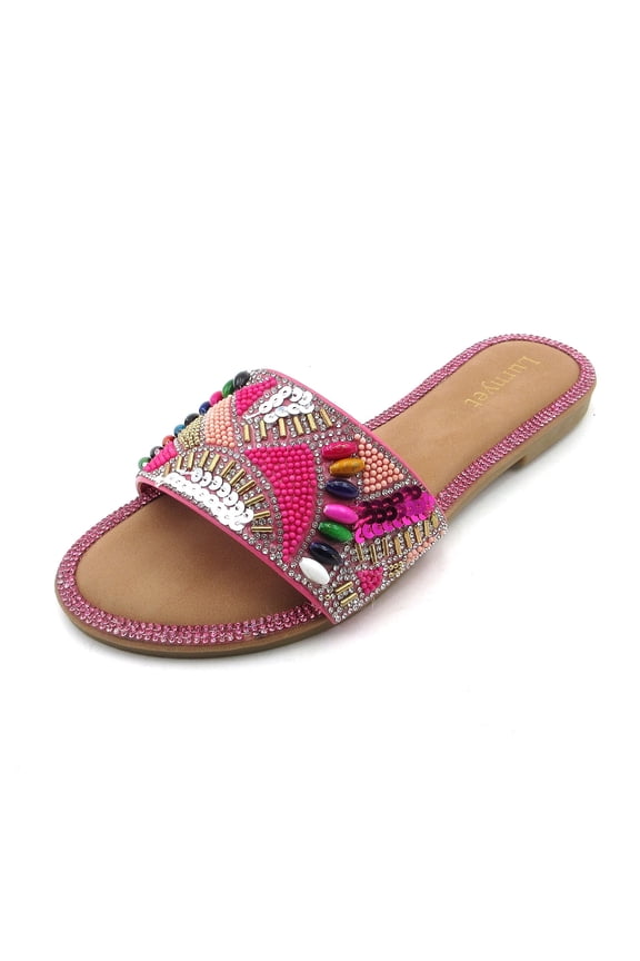 Women's Beaded Slid Sandal Crystal Rhinestone Embellished Multi-Color Gemstone