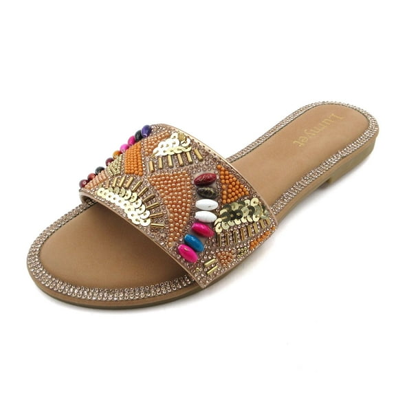 Women's Beaded Slid Sandal Crystal Rhinestone Embellished Multi-Color Gemstone