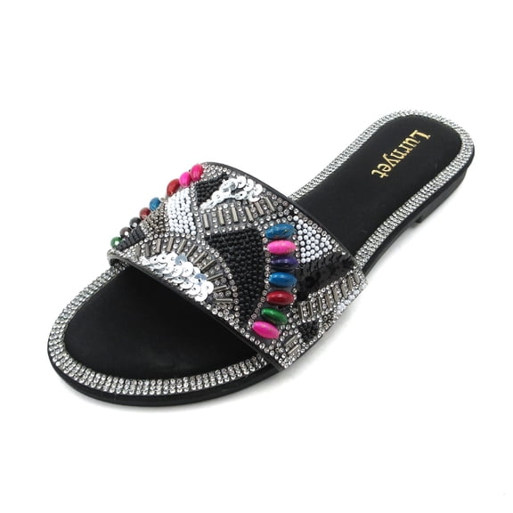 Women's Beaded Slid Sandal Crystal Rhinestone Embellished Multi-Color Gemstone