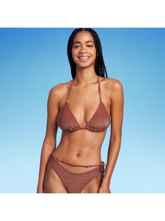 Women's Beaded Strap Triangle Bikini Top, Brown Lurex S