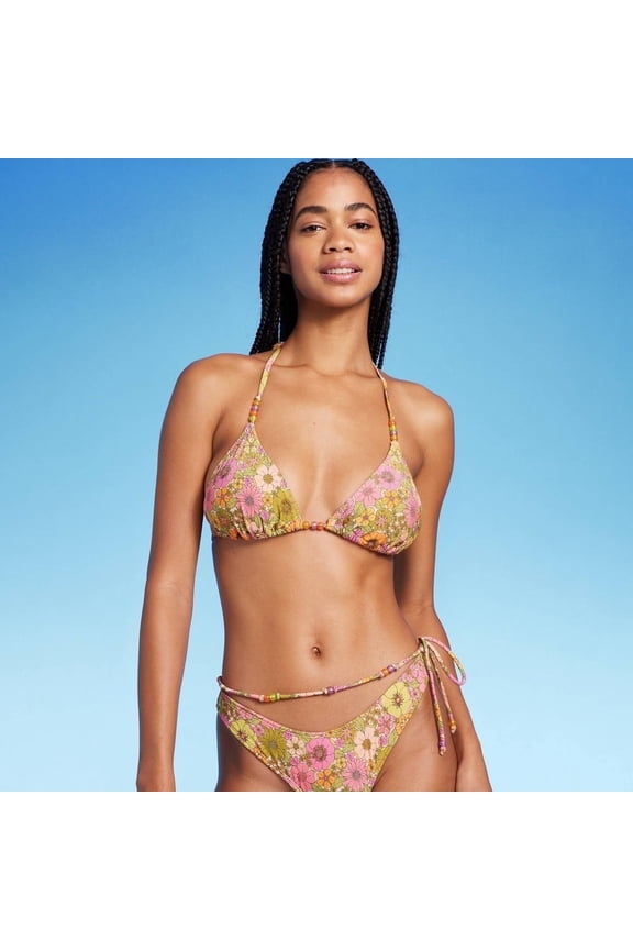 Women's Beaded Strap Triangle Bikini Top Pink Lurex Floral Print S