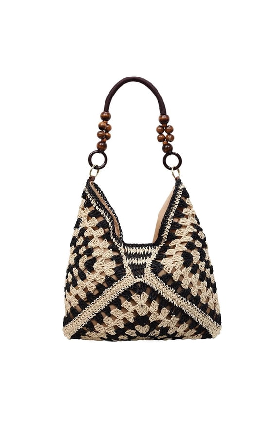 Women's Beaded Straw Woven Beach Bag, Bohemian Handmade Crochet Shoulder Tote Purse for Vacation