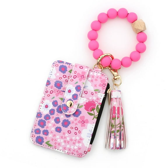 Women's Beaded Wallet with Flower Pattern, Women Beaded & Decorated Keychain, Credit Card Holder Purse