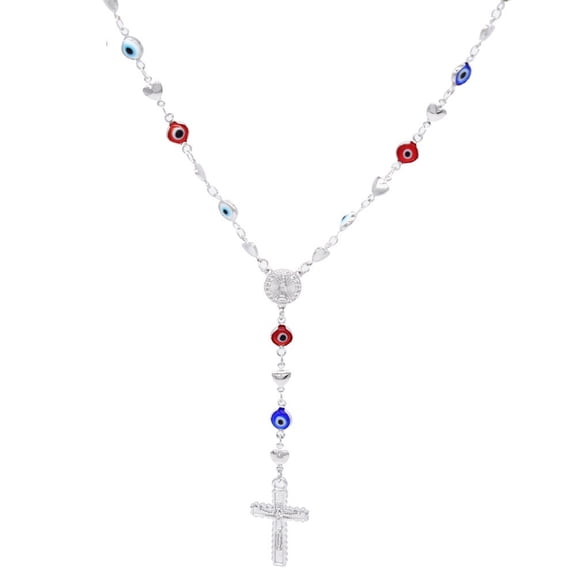 Women's Beads Catholic Religious Rosary Cross Charm Y Necklace Chain 24" 18kt Gold Plated for Women Prayer Virgin De Guadalupe Rosario Crucifijo (Silver)