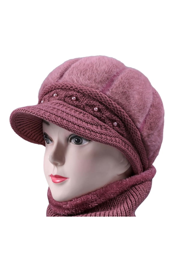 Women's Beanie, Woolen Knitted Warm Basin Hat, Padded Cotton Hat with Ear Flaps, Cold Weather Beanie for Skiing, Snowboarding and Winter Outdoor Activities-Pink