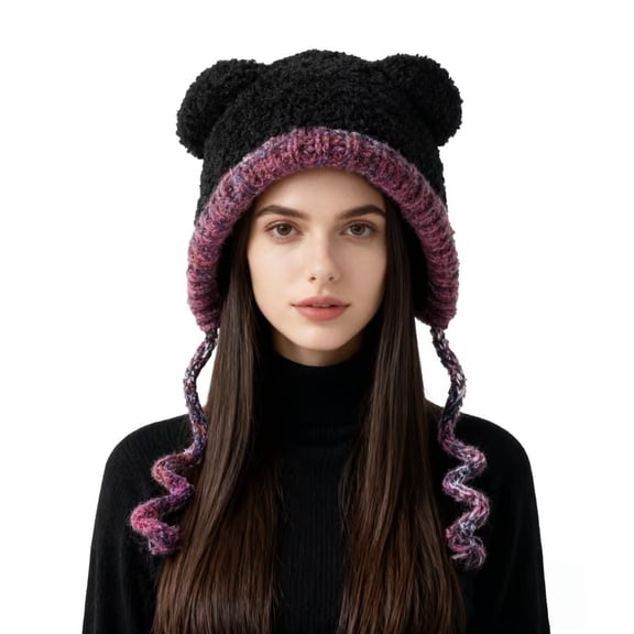 Women's Bear Ear Double Layer Fleece Hat, Cute Animal Ear Beanie with Plush Lining, Warm Ear Flap Winter Cap, Unisex Cold Weather Hat, Outdoor Winter Activities - Black