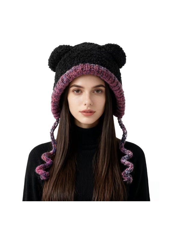 Women's Bear Ear Double Layer Fleece Hat, Cute Animal Ear Beanie with Plush Lining, Warm Ear Flap Winter Cap, Unisex Cold Weather Hat, Outdoor Winter Activities - Black