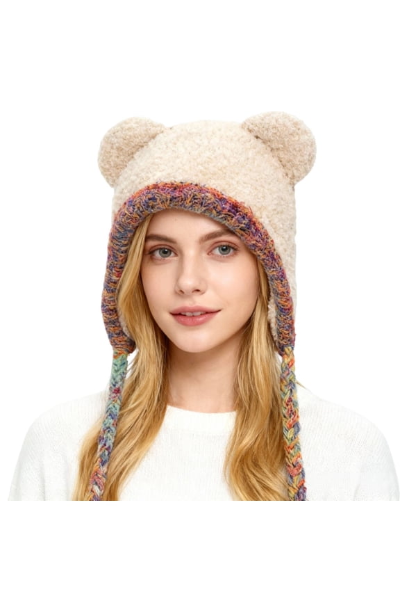 Women's Bear Ear Double Layer Fleece Hat, Cute Animal Ear Beanie with Plush Lining, Warm Ear Flap Winter Cap, Unisex Cold Weather Hat, Outdoor Winter Activities - Beige