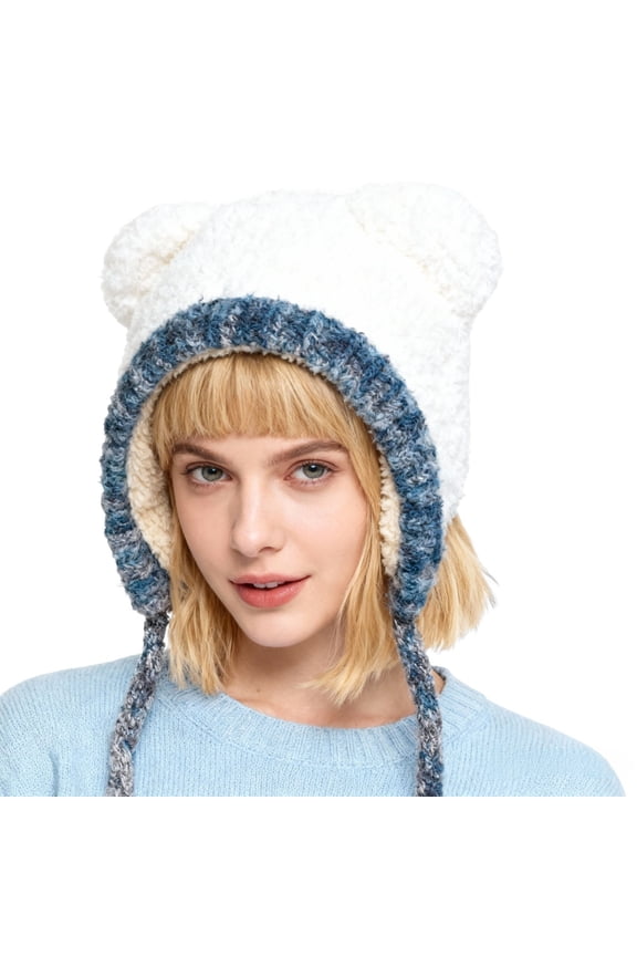 Women's Bear Ear Double Layer Fleece Hat, Cute Animal Ear Beanie with Plush Lining, Warm Ear Flap Winter Cap, Unisex Cold Weather Hat, Outdoor Winter Activities - White