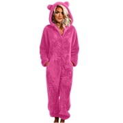 Womens Bear Ear Hooded Jumpsuit Plush Fleece Romper Pajamas Winter Warm Zip Up Onesie Sleepwear Fuzzy Sherpa Loungewear Full Body One Piece Outfit