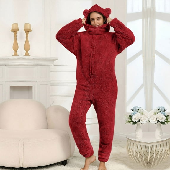 Women's Bear Ears Fleece Jumpsuit, Hooded Front Zip Onesie, Cute Animal Adult Onesie, Warm Winter Pajamas, Plush Loungewear, Soft Sleepsuit Red XXL