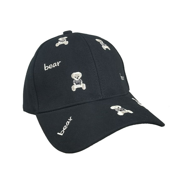 Women's Bear Embroidered Baseball Cap Low Bun Large Head Circumference Soft Cotton Trucker Hat-Black