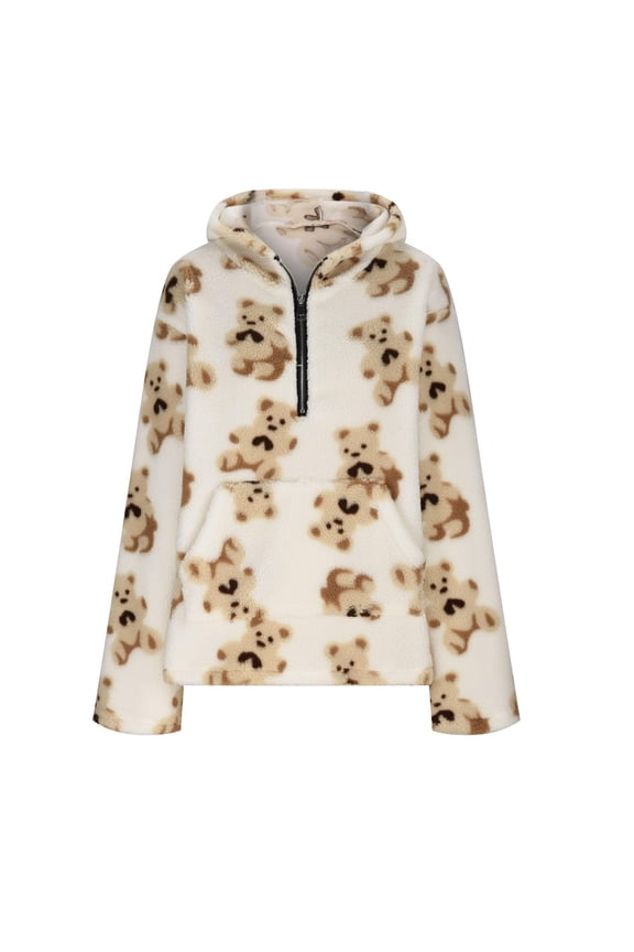 Women's Bear Half Zip Coat Printed Double Layer Fleece Pullover Hoodie Casual Loose Pocket Long Sleeve Sweater,White,L